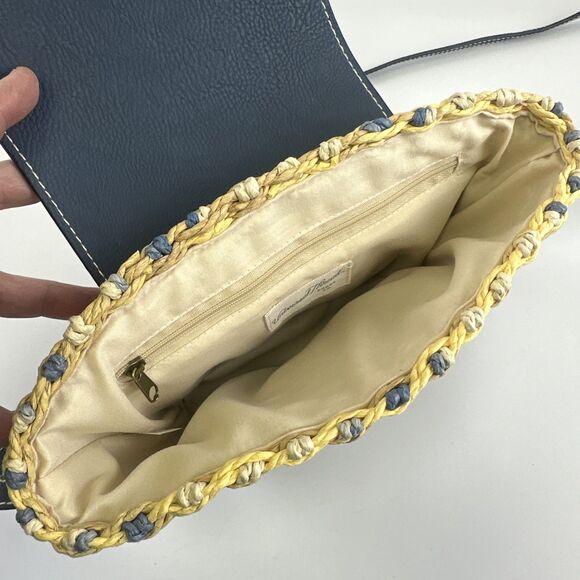 Universal Thread Straw Purse Flap Snap Blue Faux Leather Yellow Striped Small - Picture 8 of 14